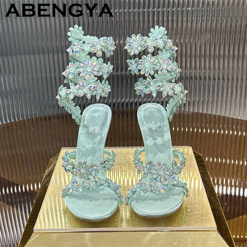 Blingbling Crystal Flowers Women's Sandals Open Toe High Heels Snake Ankle Wrap Rome Sandals Summer Sexy Party Pumps Shoes Mujer