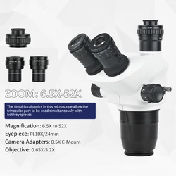 Albenth 6.5X-52X Trinocular Zoom Stereo Microscope Head With 0:100 Light Split. 24mm Larger Field Eyepiece