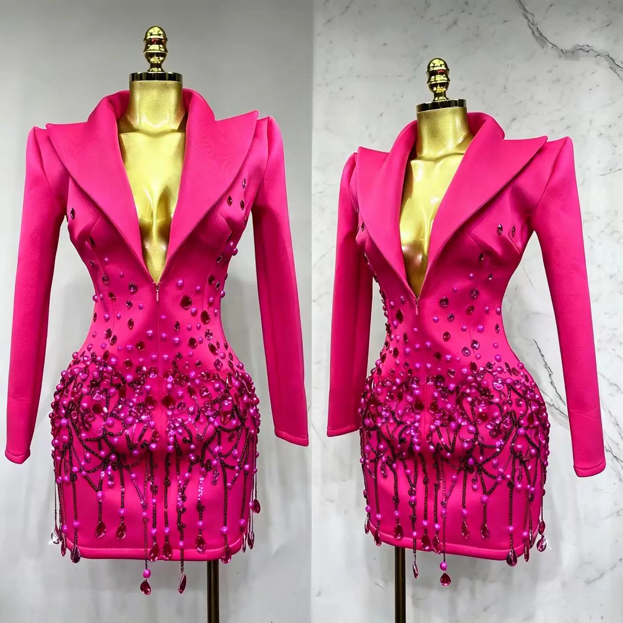Sparkly Crystal Chains Pearls Long Sleeve Mini Dress Women Birthday Evening Party Nightclub Outfit Singer Wedding Costume