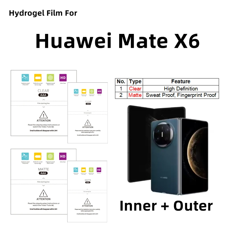 

Inner + Outer Matte Hydrogel Film For Huawei Mate X6 Clear Protective Film Folding Phone Huawei Mate X6 HD Screen Protector