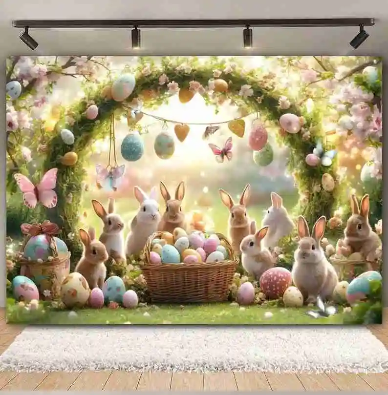 Happy Easter Photography Backdrop Arch Floral Butterfly Rabbit Egg Easter Kids Baby Birthday Background Decor Photo Studio Props