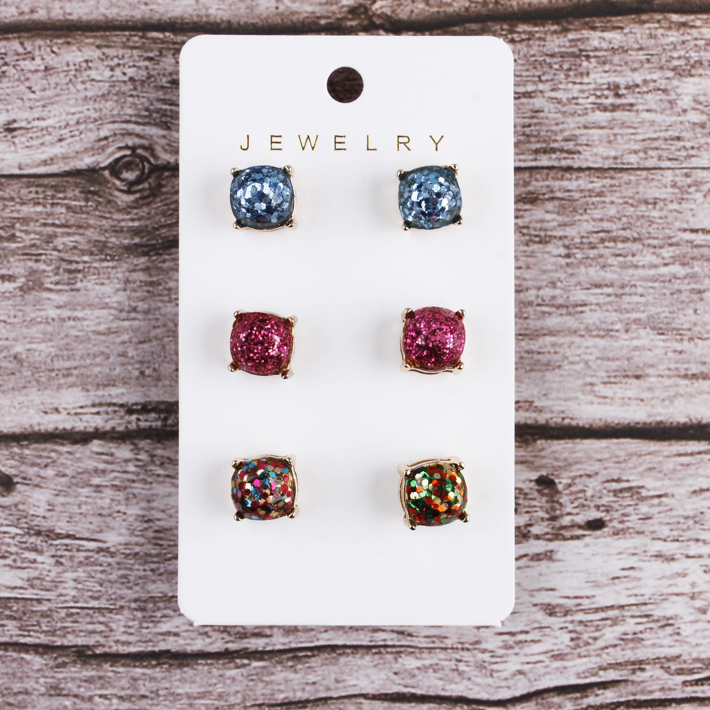 3 Pairs Card Gold Colorful Glitter Square Resin Stud Earrings Collection