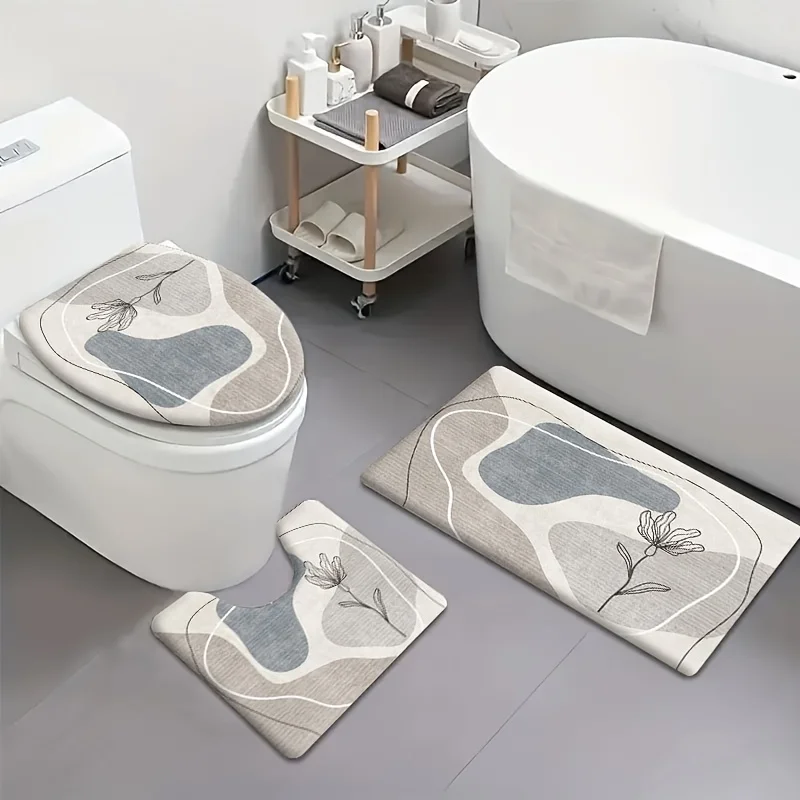 3pcs Modern Abstract Minimalist Bathroom Non-Slip Mat Set - Soft, Comfortable, Washable Flannel Fabric, Machine Washable, Ideal