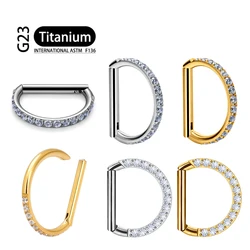 ASTM F-136 Titanium Nose Ring Daith Heart Earring Hoop Cartilage Tragus D Shape Helix Rings Hinged Segment Hoop with Clear CZ