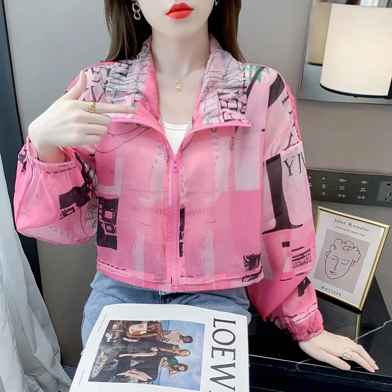 เสื้อแจ็คเก็ตสั้นผู้หญิง 2025 ฤดูร้อนใหม่พิมพ์เสื้อผ้าป้องกันแสงแดดผู้หญิงเสื้อบางแขนยาวBreathableครีมกันแดดแจ็คเก็ต