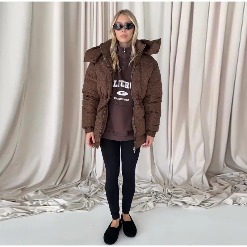 Upgraded Thickened Allover Printed Mid Length Padded Coat Stand Collar Drawstring Waist Windproof 2026 Winter Women Outer Jacket