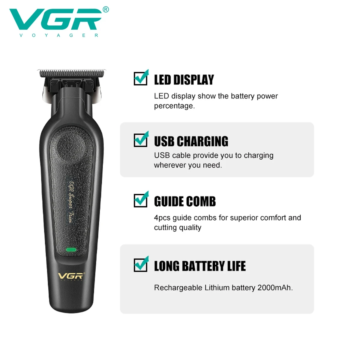 طقم ماكينة قص الشعر الراقية VGR V-197&995 مكون من قطعتين، جسم جلد معدني، مقص دفع كهربائي، شاشة رقمية LED، كارفين برأس زيت