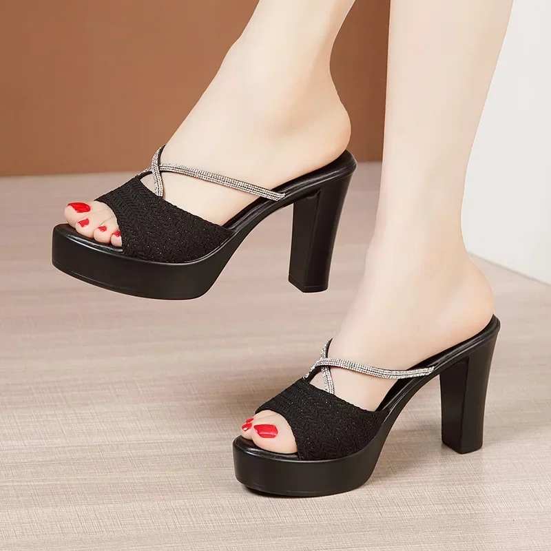 10cm Small Size 32-43 Sexy Bling Rhinestone Slippers Summer Platform Shoes 2024 Block High Heels Slides Office Model