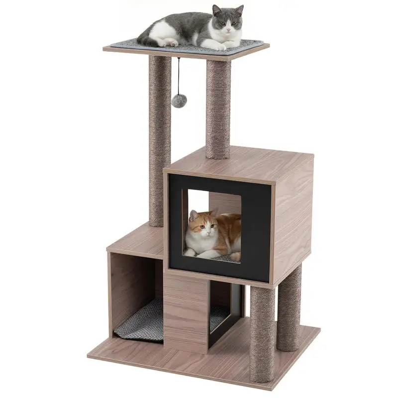 Moderner Katzenbaum mit Sisal-Kratzstämmen und abnehmbaren Kissen – Graues mehrstöckiges Kletterhaus mit hängendem Spielzeug für kleine bis mittelgroße Katzen zum Ausruhen, Kratzen und Spielen im