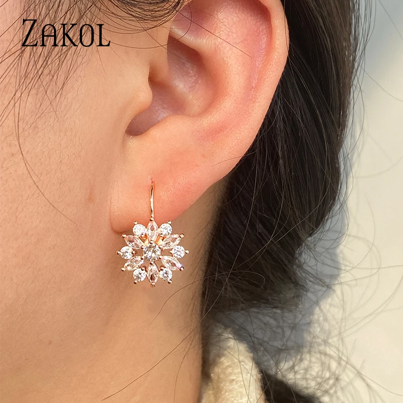 ZAKOL Fashion Rose Gold Color Flower Hoop Earrings for Women CZ Crystal Zircon Earring Brincos image 4