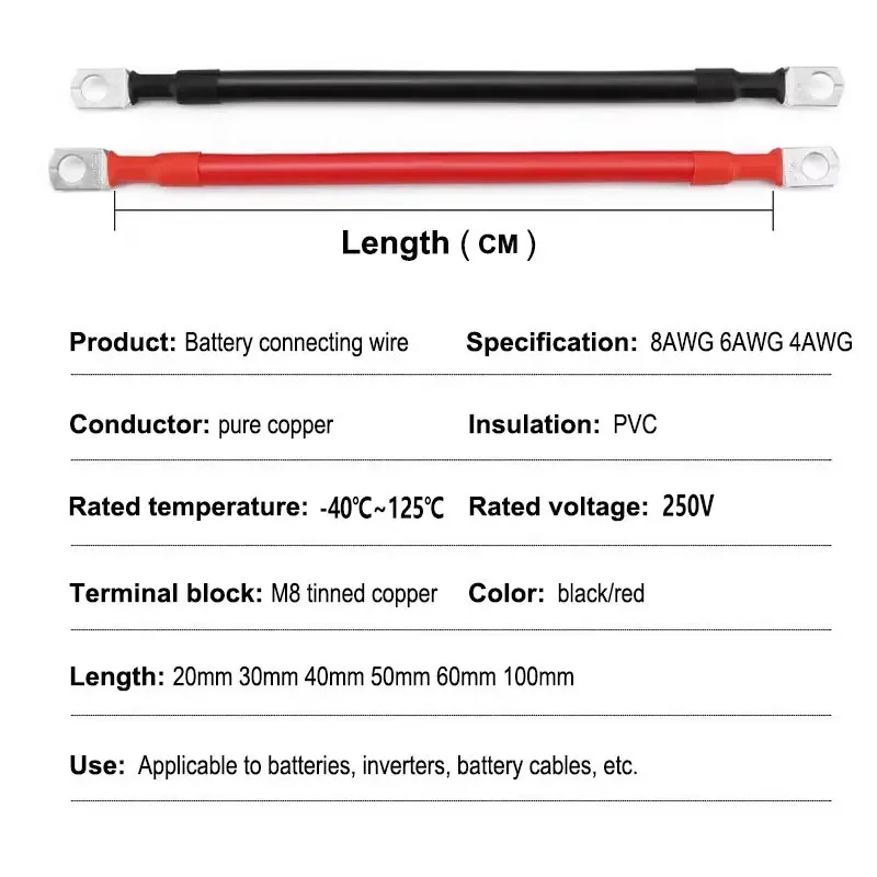 8/6/4AWG Batterie-Wechselrichterkabel 20/30/40/50/60/100CM mit M8-Klemme PVC-Isoliertes RV-Kupferkabel für Autoverbindungen – Detail 1