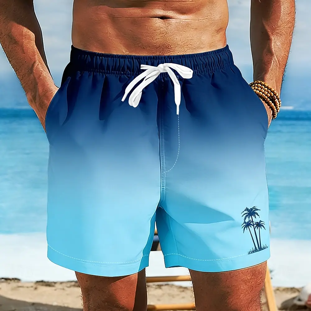 

Men's Beach Vacation Apparel, Coconut Tree Gradient Hawaiian Pattern Mid Waist Shorts,Elastic Drawstring Waist Trunks for Summer
