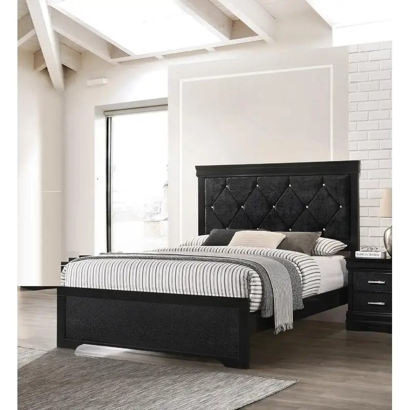 Modern Twin Size Black Finish Panel Bed with Upholstered Headboard and Tufted Fabric, Youth Bedroom Furniture.