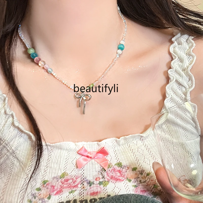 Bowknot Color Beads Beaded Necklace Summer Temperament Clavicle Chain Special-Interest Design Sweet Cool Necklace