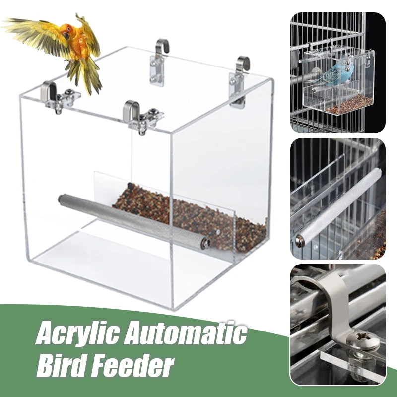 

1pcs Acrylic Automatic Bird Feeder Hanging Parrot Wild Feeding Device Parrot Seed Food Container Bird Cage Accessories