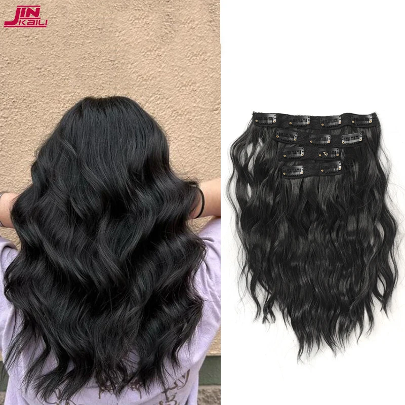 Clips in Hair Extensions Black  Wave shape Hairstyle Syn thetic Hairpieces Heat Resistant False Hair 12inches 135g