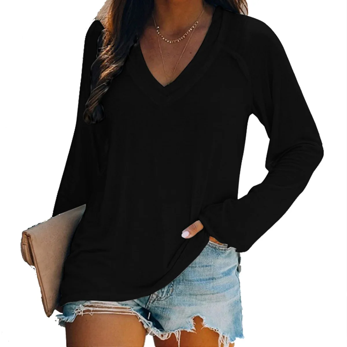 Solid color long sleeved V-neck patchwork casual oversized T-shirt top for women\'s clothing