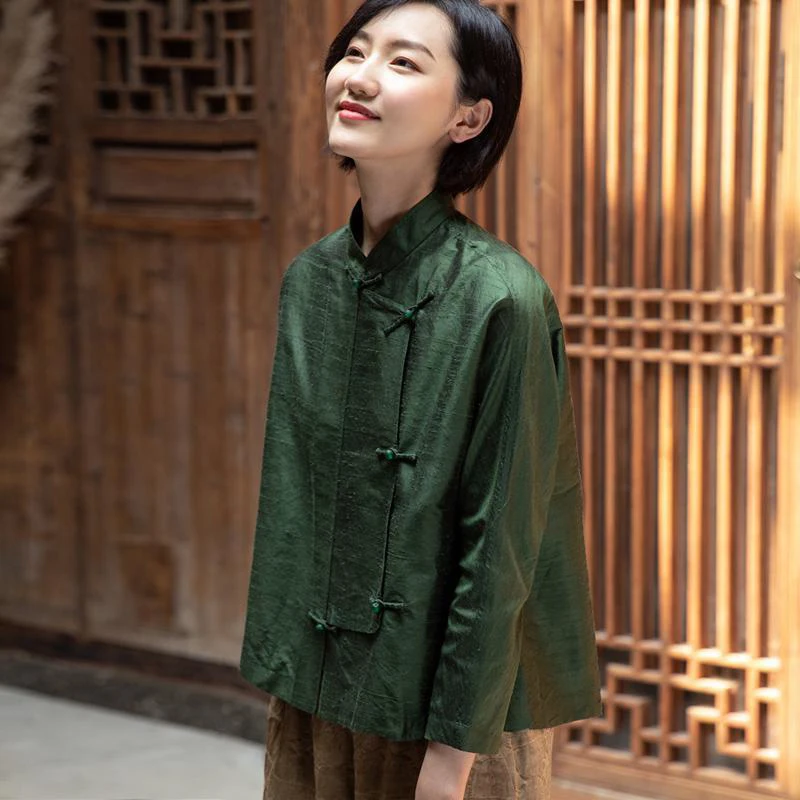 Chinese Style Pure Color Long Sleeve Stand Collar Shirt Spring Autumn Pattern Ethnicity Fashion Button Detail Slim Fit Top