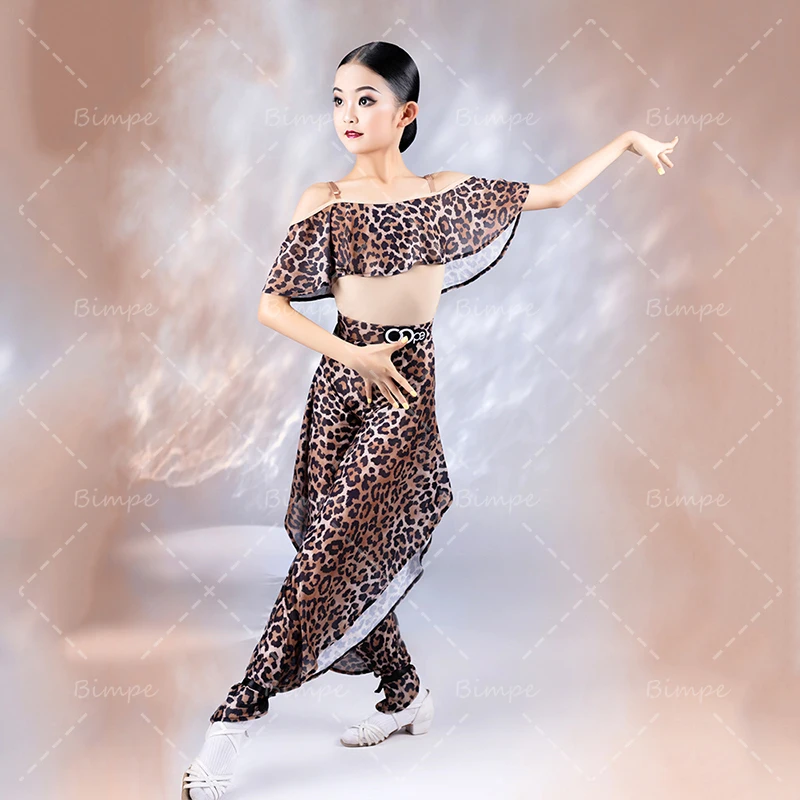 

Girls Samba Latin Dance Clothes Leopard Suit Tops Split Pants Cha Cha Rumba Practice Wear Kids Latin Competition Show Clothing