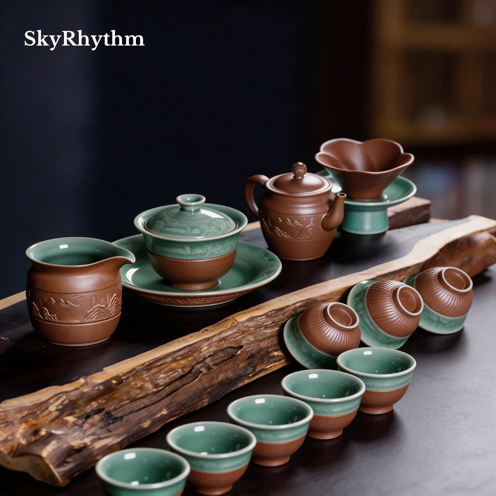 Longquan Celadon Tea Set 14-Piece Gongfu Tea Set Dual Glaze Handmade Chinese Tea Set
