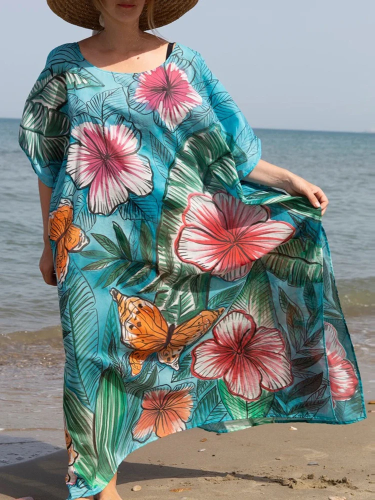 Bloemenprint Boho Jurk Beach Cover Up Over Size Vrouwen Zomer Maxi Jurk Robe De Plage 2023 Bikini Cover Up beachwear Tunieken