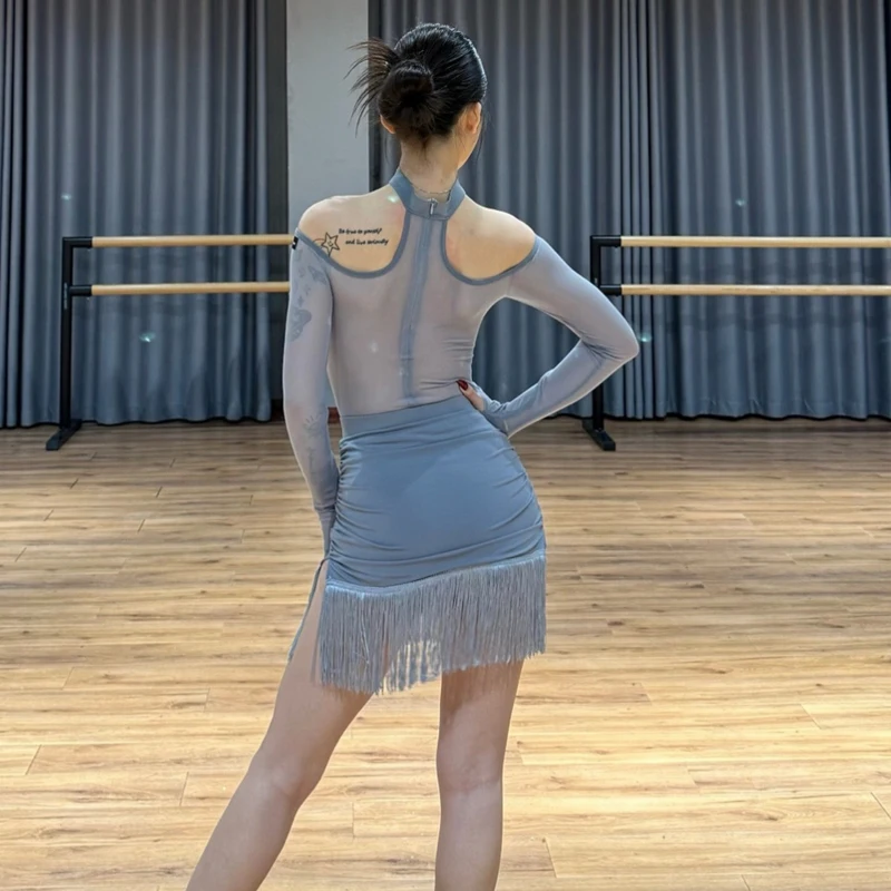 Adults Salsa Ballroom Dance Clothes Women'S Mesh Sleeves Latin Top Fringed Skirt Sexy Chacha Latin Dance Costumes SL14749