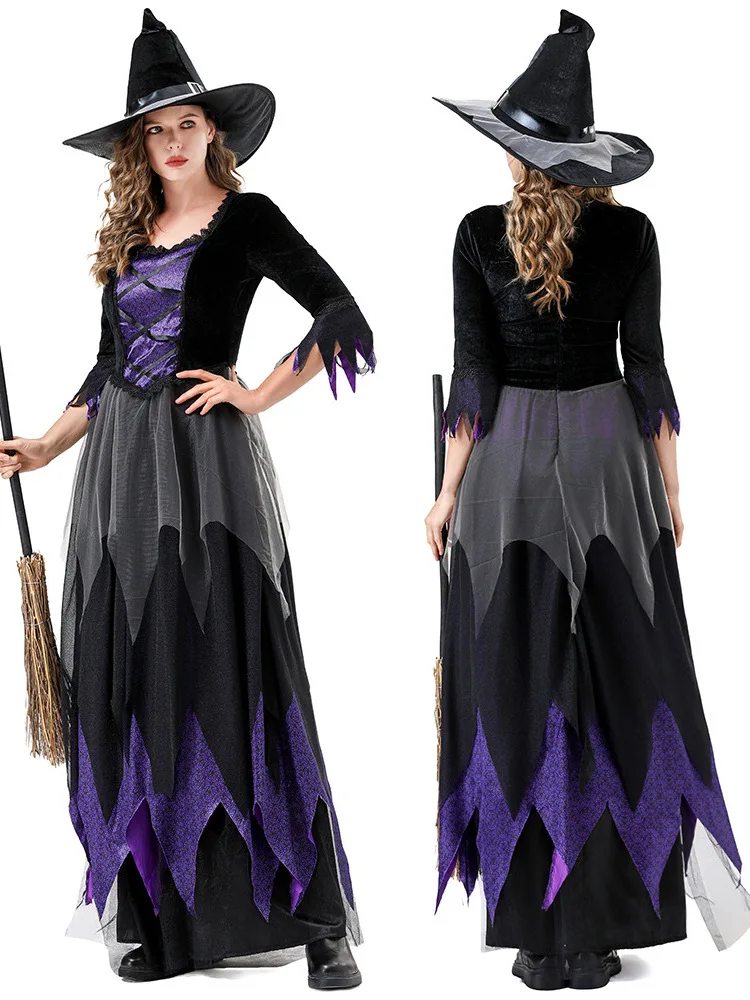 

Halloween Cosplay Witch Costume Black Purple Dress Magic Witch Stage Role-playing Outfit Women's Traditional Ethnic Wear