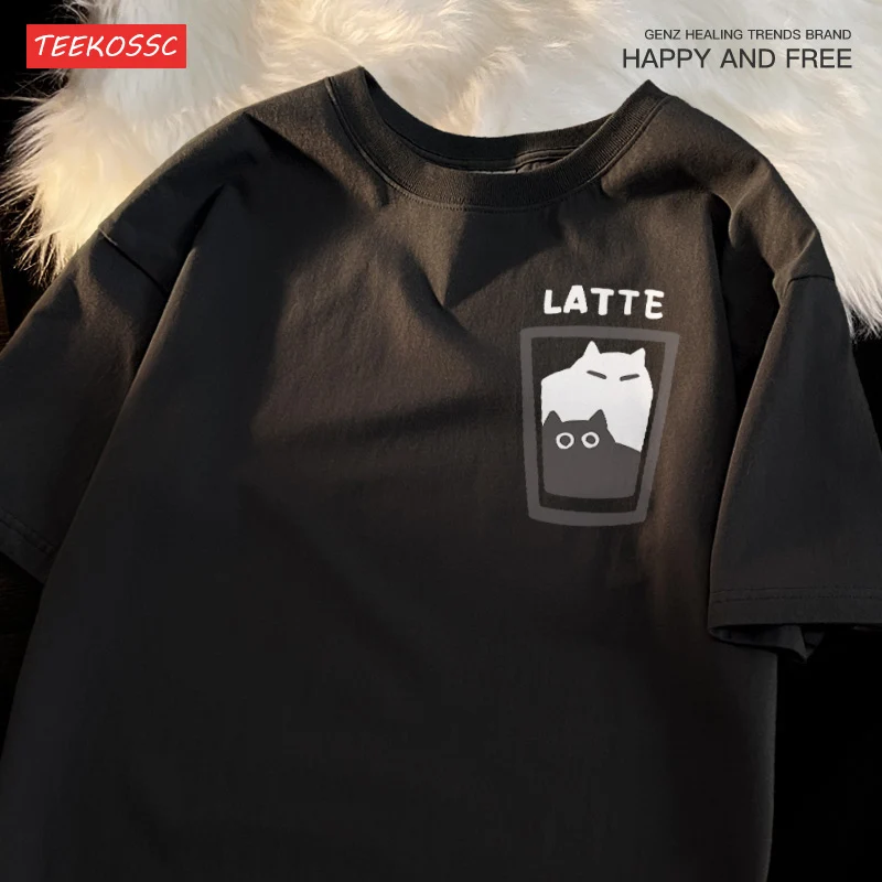 T-shirt Mocha Latte pour Couple, Tenue de Couple, Chat, Café, Graphique, Cool, Haute Qualité, Respiré, Confort, Doux