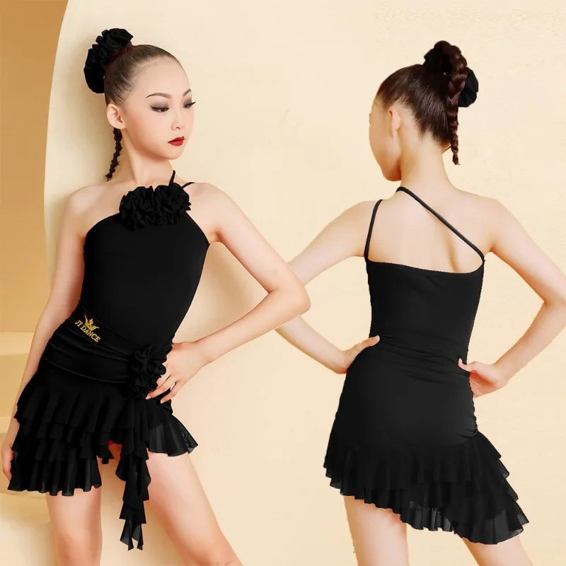 Tenue de danse latine – Ensemble de robe de gâteau d'été avec haut à manches sur les épaules, combinaison d'entraînement de danse haut de gamme pour filles