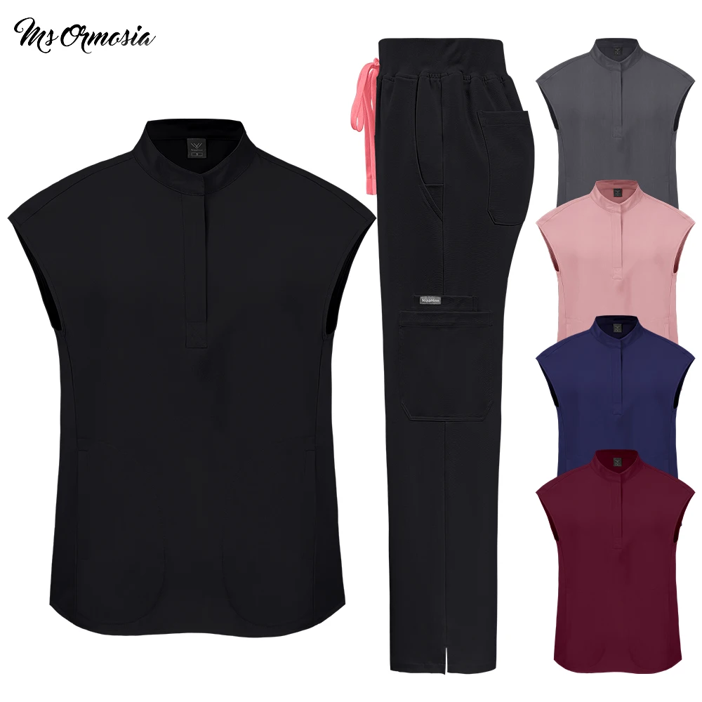 Womens Scrubs Uniform Soft Stretch Medical Scrub Set with Pockets Front Zipper Top+Straight Pants Hospital Nurse Doctor Workwear