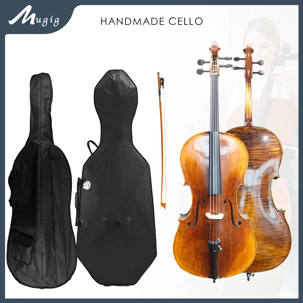 

Brillant 4/4 Size Solid Wood Handmade Cello Acoustic Cello Hand Craft Strad Style Violoncelo Huge Resonant Flames Maple Back SET