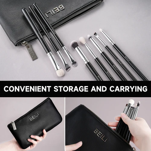 Imagen 2 del producto BEILI-Juego de brochas de maquillaje de ojos, 15 Uds., color negro, con bolsa, pelo de cabra profesional, sombra de ojos, delineador de ojos, mezcla de pinceles para detalles de labios