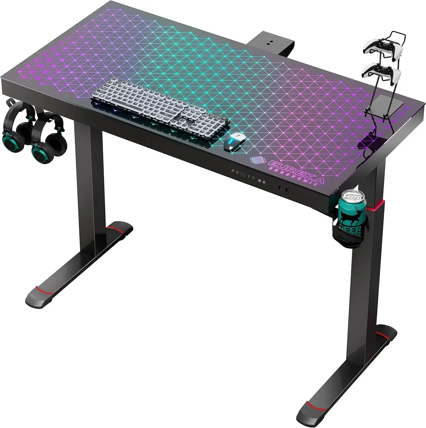 RGB Glass Gaming Desk, Music Studio Desk, 47 Inch Adjustable Height Computer Desk Music Sensing LED Sit Stand