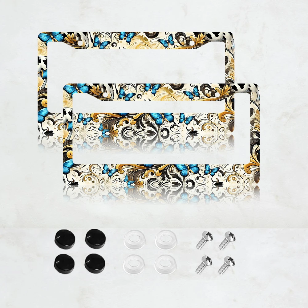 

2 шт. Алюминиевые рамки для номерных знаков с коровами и бабочками, милые рамки с леопардовым принтом - стандартный размер США 6 x 12 дюймов