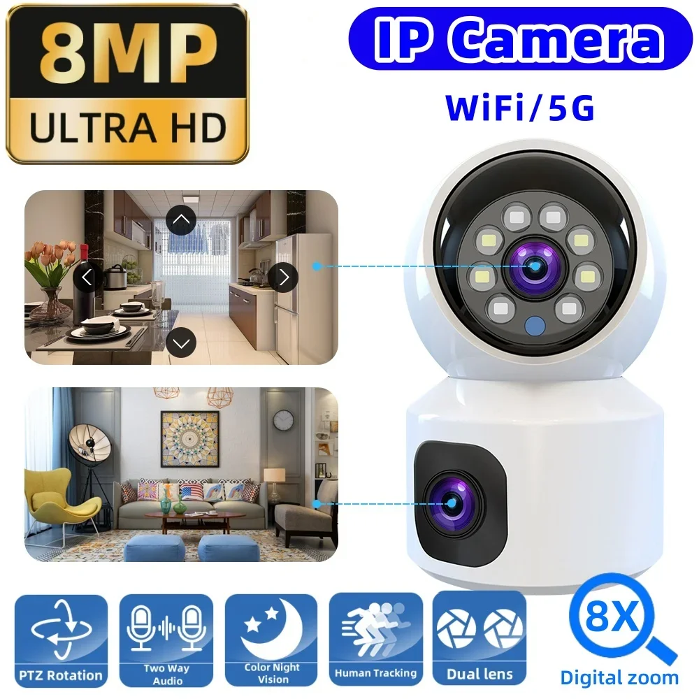 

8MP Dual Lens Surveillance Camera 5G WiFi Security Monitor CCTV Human Tracking Smart Home PTZ IP Cam HD Vedio Color Night Vision