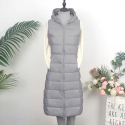 Long Hooded Down Waistcoat Coat 2023 Autumn Winter Women Warm Light White Duck Down Vest Parkas Female Sleeveless Tank Outwears