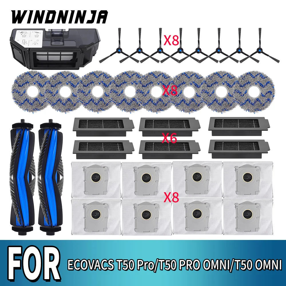 Pièces détachées pour aspirateur robot ECOVACS T50 Pro/ T50 PRO OMNI / T50 OMNI : chiffons de nettoyage, brosses latérales principales, filtres HEPA, sacs à poussière, accessoires
