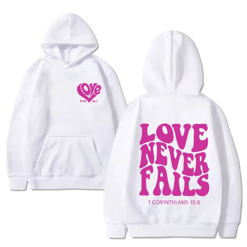 Love Never gagal hoodie kasual Preppy Christian uniseks kualitas tinggi atasan 2024 diskon besar pullover Pria Wanita dengan Cetak