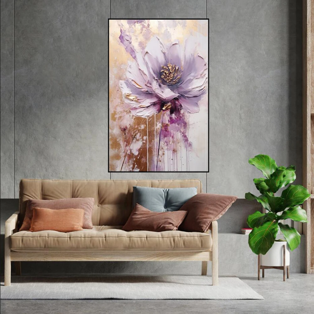 Hand Painted Oil Painting Large Original Art Abstract Purple And Gold Fancy Flower Oil Painting On Canvas Wall Decor Living Room