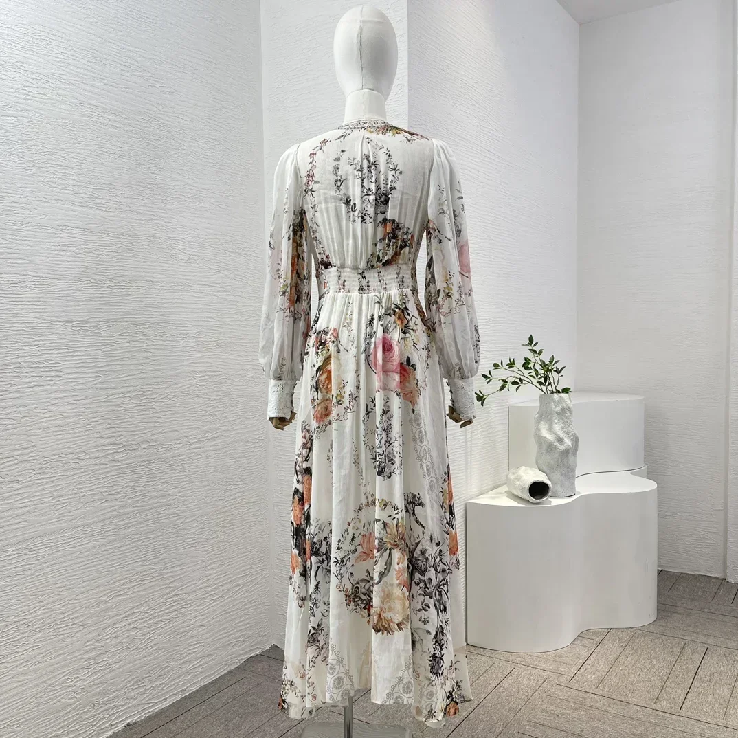 White Linen Silk High Quality Latest Collection 2024 Re-tro Floral Print Diamonds Full Sleeve Shirring Women Summer Midi Dress