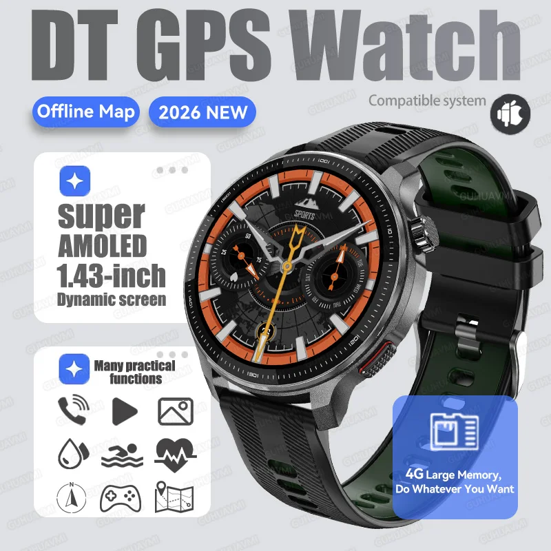 2026Nieuwe Tactische Sport Smartwatch Mannen Ingebouwde GPS Offline Kaart 4GB Geheugen 10ATM/IP69K Waterdicht Zwemmen Militray Smart Bracele