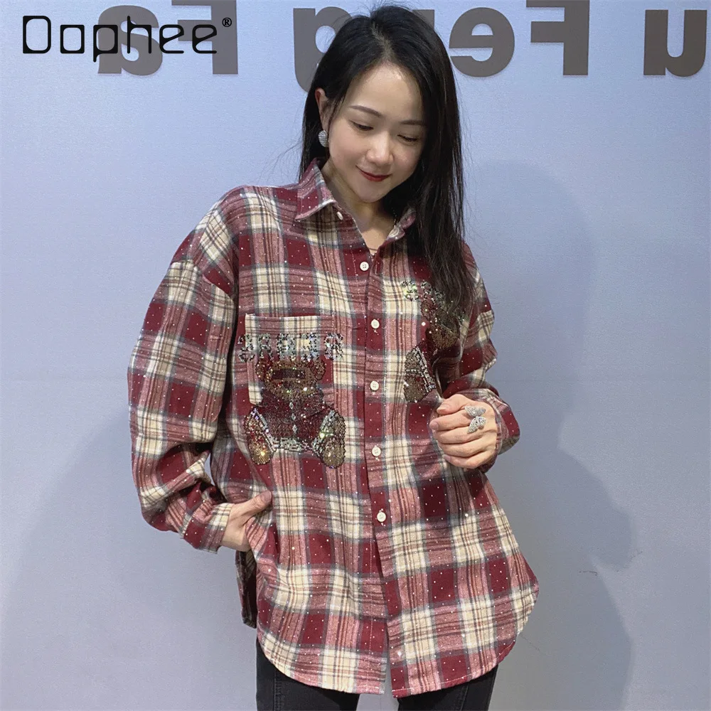 

European Style Women's Rhinestone Thickened Brushed Plaid Shirt Ladies Autumn Winter Loose Long Sleeve Casual Jacket Shirt