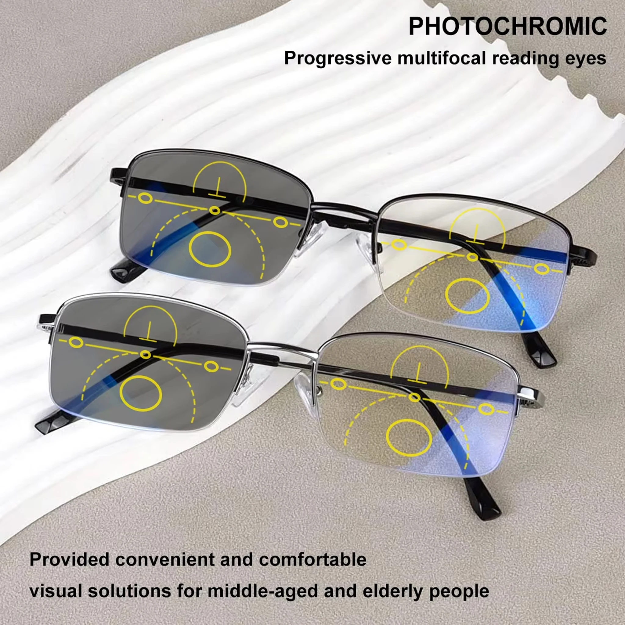 2pcs Photochromic Multifocal Reading Glasses for Men & Women - Buy 1 Get 1 Free, Progressive Lenses with Blue-Tinted Frames