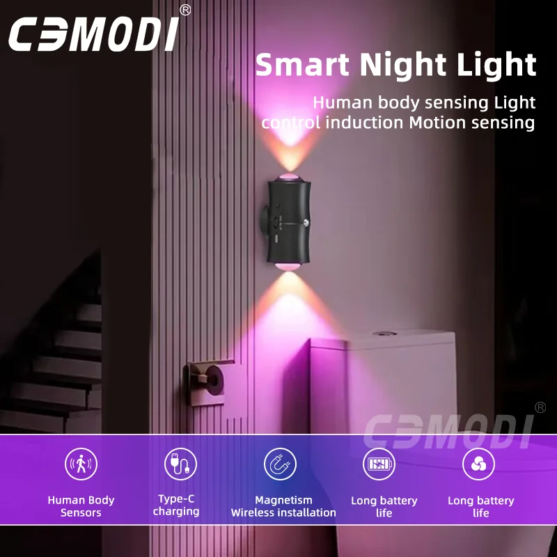 

RGB Dual Head Motion Sensor Night Light USB Rechargeable LED Wall Lamp 15 Color Changing Light for Bedroom, Hallway,Stairs