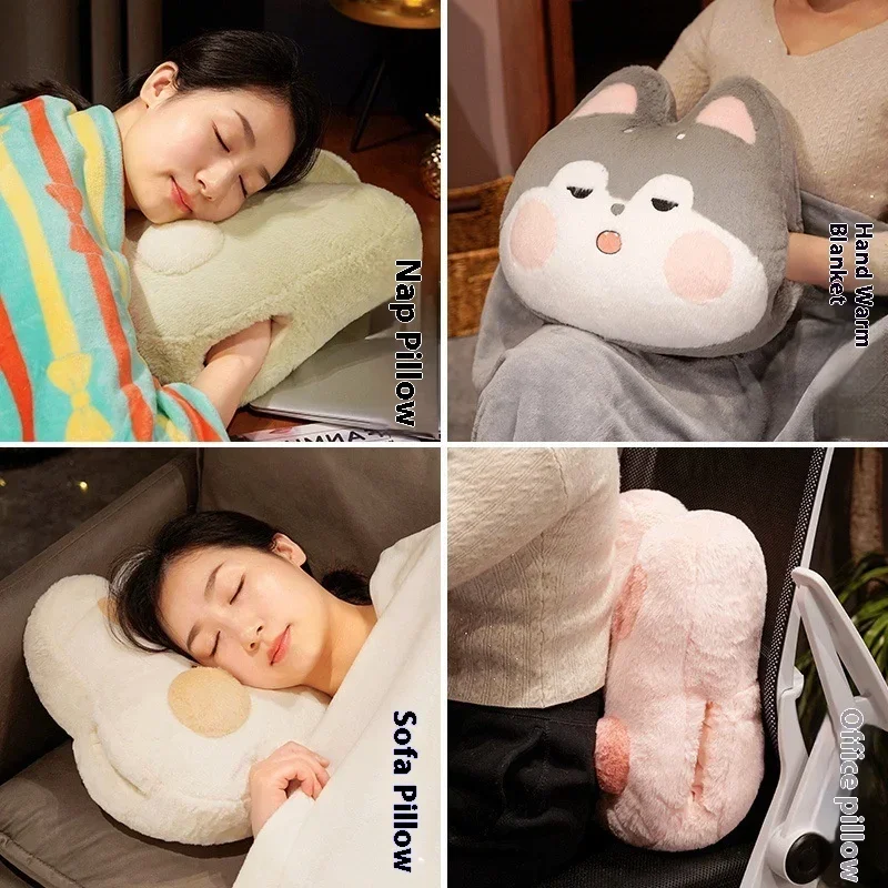 Cartoon Warm Hand Pillow Blanket 3-in-1, Office Car Nap Pillow Folding Flange Velvet Blanket, Soft, Comfortable and Practical