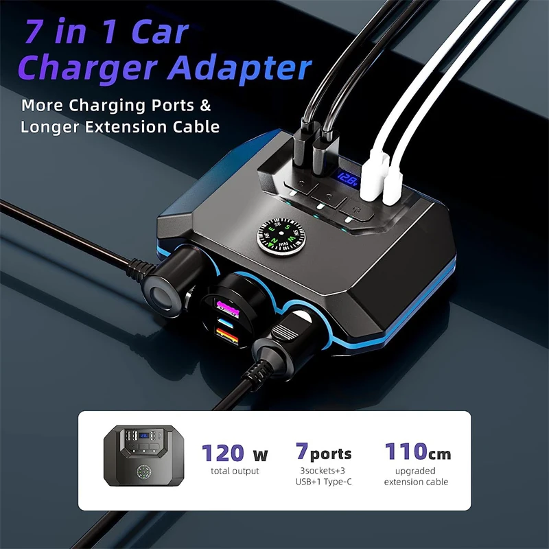 12V 24V New Car Cigarette Lighter 3 Way Multi Socket Splitter USB Charger Adapter 120W