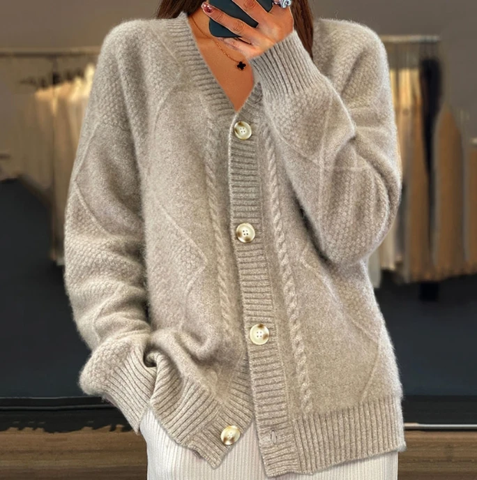 Solid Color Long Sleeved V-Neck Knitted Cardigan with Button Up Jacquard Sweater Jacket, New Hot Selling Women's Clothing