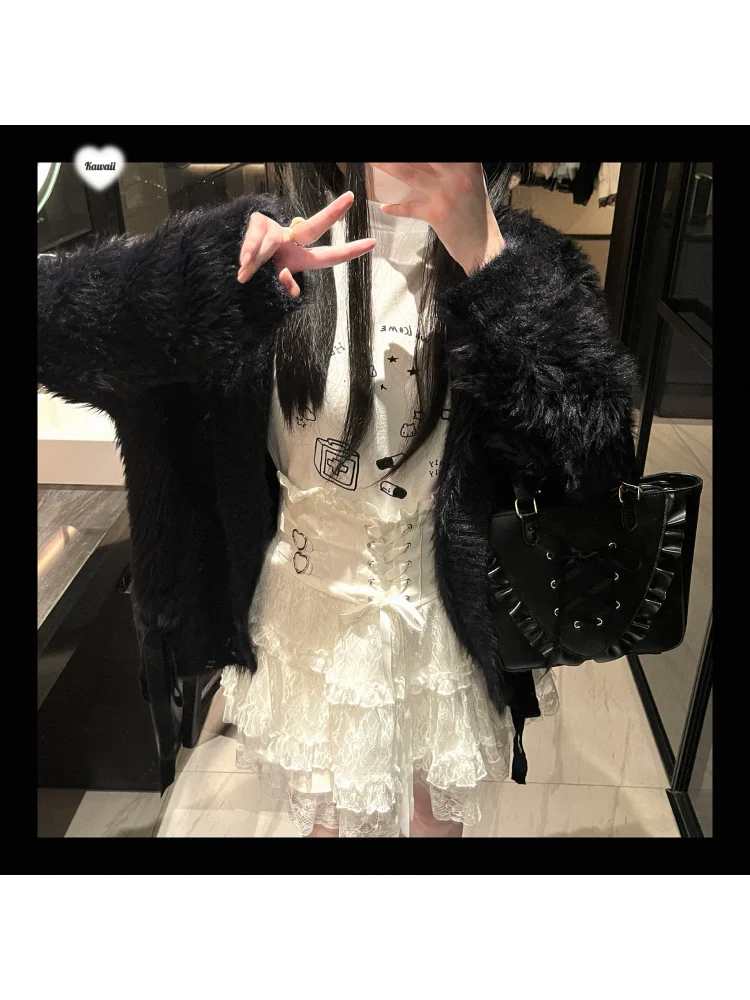 Kardigan Sweater Rajut Manis Longgar dengan Tali Telinga Panjang Plush Asli, Mantel Gaya Lolita Jepang untuk Anak Perempuan