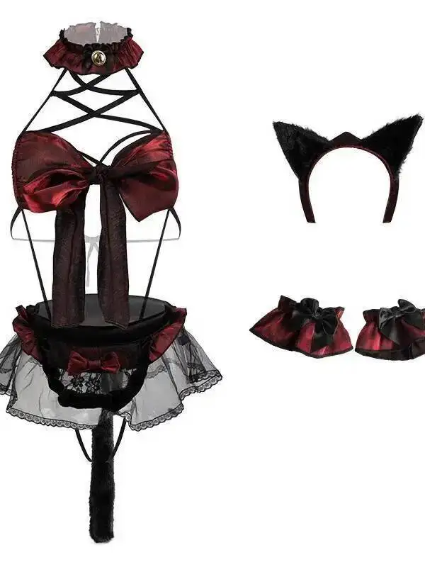 ชุดคอสเพลย์แมวสาวเซ็กซี่ ชุดรอมเปอร์รัดรูปผ้าลูกไม้ผูกโบว์สวยงาม ชุดบอดี้สูทวาบหวิว รุ่น AV3H