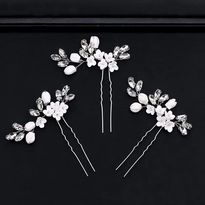 Exquisite Girls Hair Accessories Silver Rhinestone Clay Flower Headwear Wedding Bridal Hair Forks